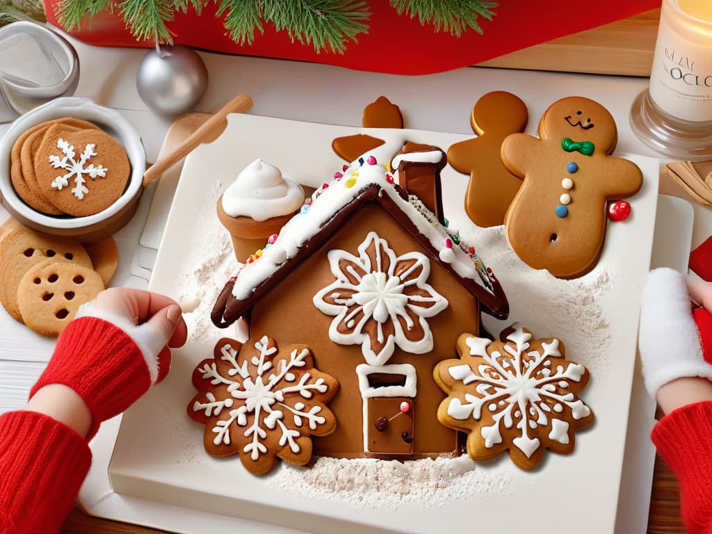  An ultradetailed image of a cozy kitchen table covered with flour dust, orted cookie cutters, colorful icing tubes, and freshly baked gingerbread cookies in various winter shapes like snowflakes and mittens. A pair of small hands belonging to a and an are joyfully decorating the cookies together, surrounded by scattered sprinkles and festive decorations. The warm glow of a nearby oven and a steaming cup of hot cocoa complete the inviting scene, encouraging families to bond over sweet winter treats. hyperrealistic, full body, detailed clothing, highly detailed, cinematic lighting, stunningly beautiful, intricate, sharp focus, f/1. 8, 85mm, (centered image composition), (professionally color graded), ((bright soft diffused light)), volumetric fog, trending on instagram, trending on tumblr, HDR 4K, 8K