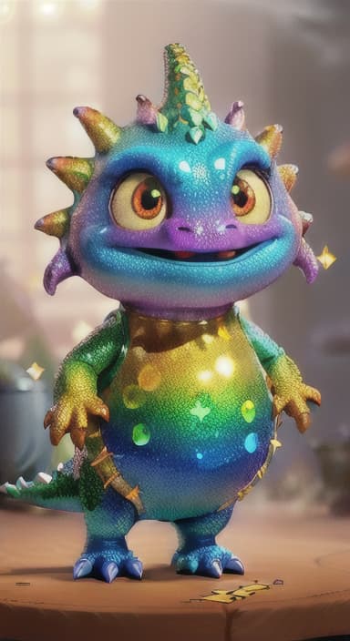  {A sparkly dinosaur with glittery scales standing next to a big pot of steaming jollof rice., Shiny Dino has glittery, multicolored scales that sparkle in the sunlight. It has big, friendly eyes and a happy, wide smile, with small arms perfect for stirring pots. Shiny Dino wears a playful, polka dotted apron and a tiny chef's hat.