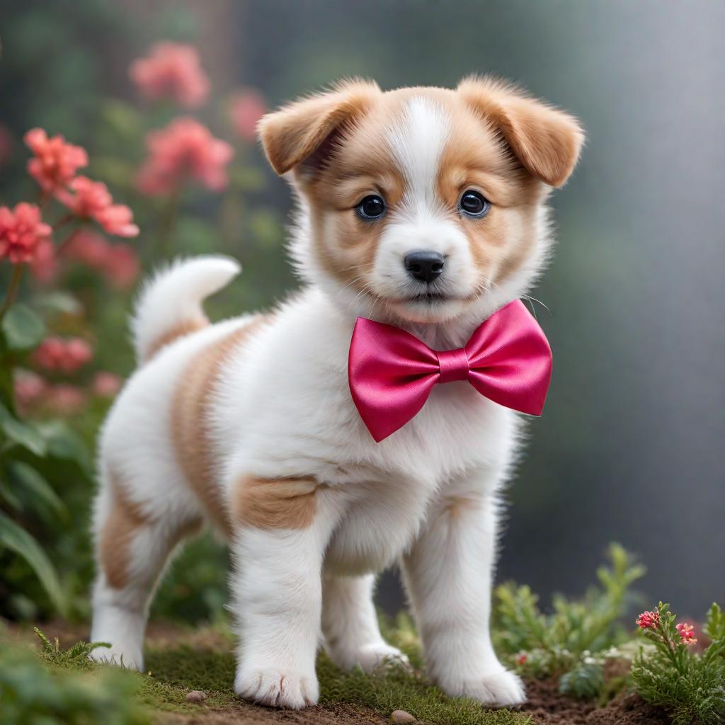  a cute puppy wearing a colorful bow and smiling hyperrealistic, full body, detailed clothing, highly detailed, cinematic lighting, stunningly beautiful, intricate, sharp focus, f/1. 8, 85mm, (centered image composition), (professionally color graded), ((bright soft diffused light)), volumetric fog, trending on instagram, trending on tumblr, HDR 4K, 8K