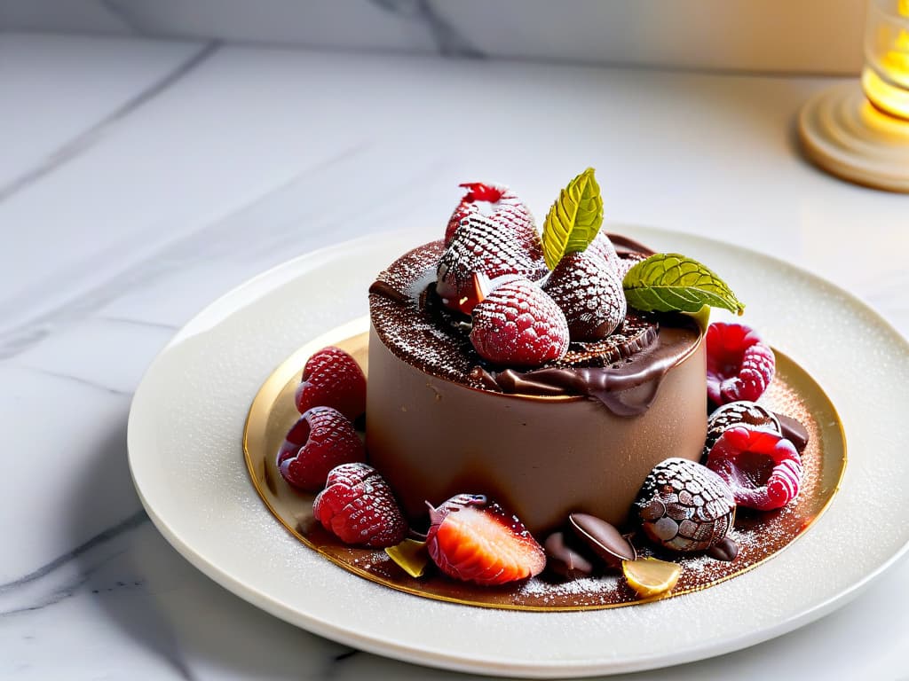  A photorealistic image of a decadent chocolate mousse topped with fresh raspberries and a sprinkle of edible gold flakes, served in an elegant crystal glass on a marble countertop. The dessert is beautifully garnished with mint leaves, and the rich texture of the mousse is visible, reflecting a perfect balance of indulgence and sophistication. The lighting highlights the glossy sheen of the chocolate, creating an enticing and luxurious visual appeal. hyperrealistic, full body, detailed clothing, highly detailed, cinematic lighting, stunningly beautiful, intricate, sharp focus, f/1. 8, 85mm, (centered image composition), (professionally color graded), ((bright soft diffused light)), volumetric fog, trending on instagram, trending on tumblr, HDR 4K, 8K