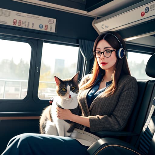  Realistic image of a cat wearing headphones and reading glasses while riding a bus. hyperrealistic, full body, detailed clothing, highly detailed, cinematic lighting, stunningly beautiful, intricate, sharp focus, f/1. 8, 85mm, (centered image composition), (professionally color graded), ((bright soft diffused light)), volumetric fog, trending on instagram, trending on tumblr, HDR 4K, 8K