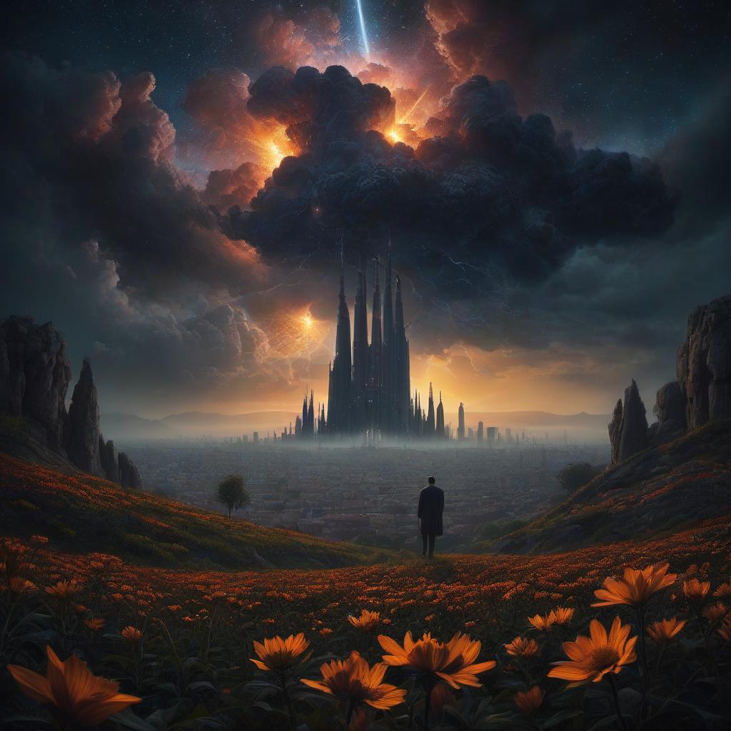  (stylized by Tomasz Alen Kopera:1.3) , dark art, dense flower field and Perseid meteor in background, landscape of a (Barcelona:1.2) , very Bizarre and 1600'S, Hurricane, Glitchcore, Amaro, layered textures, ornate, intricate artistic color, complimentary colors, very inspirational, atmosphere, fine artistic composition, sunny, theatrical hyperrealistic, full body, detailed clothing, highly detailed, cinematic lighting, stunningly beautiful, intricate, sharp focus, f/1. 8, 85mm, (centered image composition), (professionally color graded), ((bright soft diffused light)), volumetric fog, trending on instagram, trending on tumblr, HDR 4K, 8K