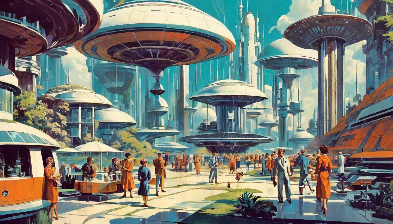  retro futuristic Communities, sustainability, cooperation, eco friendly environment, people working together lvintage sci fi, 50s and 60s style, atomic age, vibrant, highly detailed