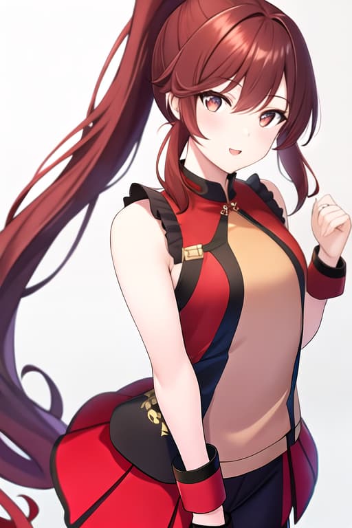  A high quality image of a beautiful small chested girl with long ponytail dark red hair and detailed amber coloured eyes wearing a outfit