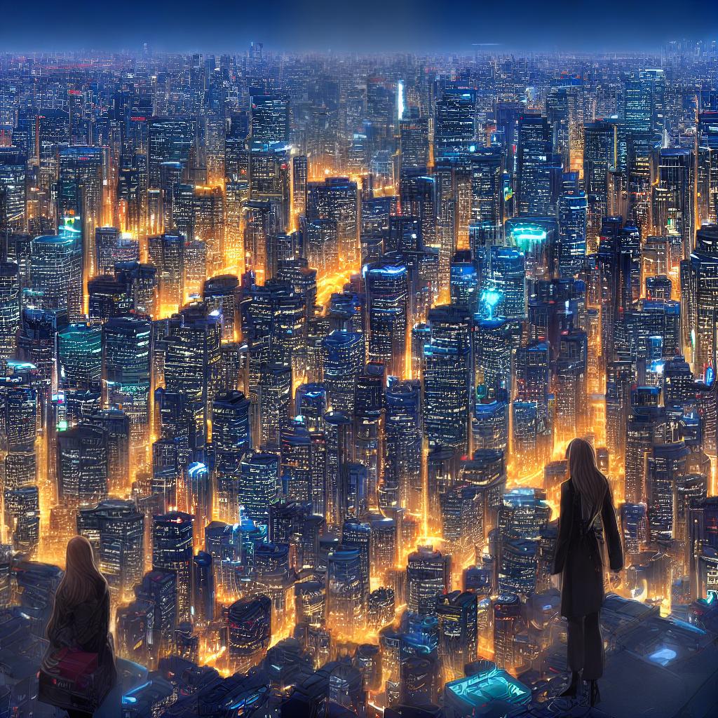  ((Masterpiece)), (((best quality))), 8k, high detailed, ultra-detailed. A futuristic cityscape at sunset with flying cars and skyscrapers. The main subject is a girl standing on a rooftop, overlooking the city. The elements include ((glowing neon lights)), ((reflection on the glass buildings)), ((traffic in the air)), ((holographic advertisements)), and ((drones delivering parcels)). The color palette should be vibrant with warm sunset tones, and the lighting should emphasize the contrast between the darkening city and the colorful illuminated elements. hyperrealistic, full body, detailed clothing, highly detailed, cinematic lighting, stunningly beautiful, intricate, sharp focus, f/1. 8, 85mm, (centered image composition), (professionally color graded), ((bright soft diffused light)), volumetric fog, trending on instagram, trending on tumblr, HDR 4K, 8K
