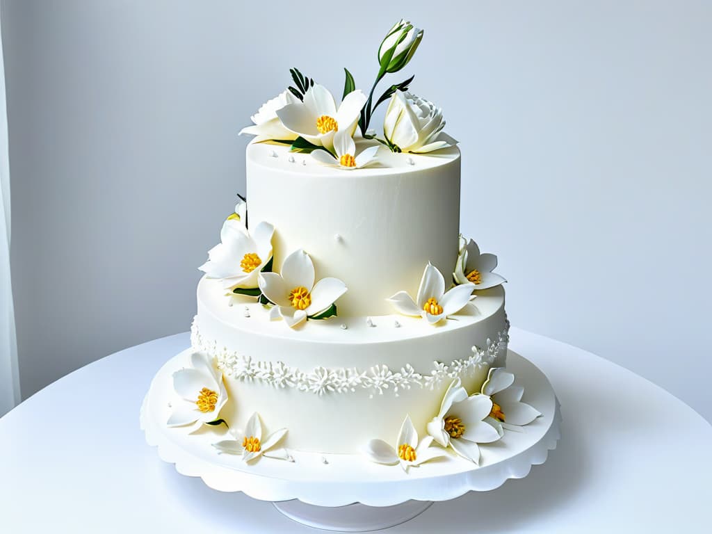  A minimalist image featuring an elegantly designed wedding cake, adorned with intricate sugar flowers and delicate piping details, set against a clean white background to emphasize the craftsmanship and artistry of the confection. The cake is multitiered, with each layer showcasing different textures and embellishments, creating a visually stunning centerpiece that embodies the essence of specialized cake design. hyperrealistic, full body, detailed clothing, highly detailed, cinematic lighting, stunningly beautiful, intricate, sharp focus, f/1. 8, 85mm, (centered image composition), (professionally color graded), ((bright soft diffused light)), volumetric fog, trending on instagram, trending on tumblr, HDR 4K, 8K