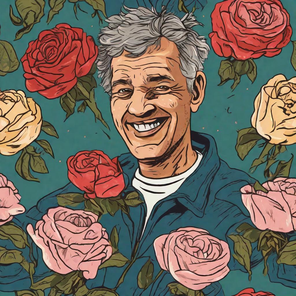  A ragged middle-aged man with flying hair, cheerfully holding up a bouquet of roses