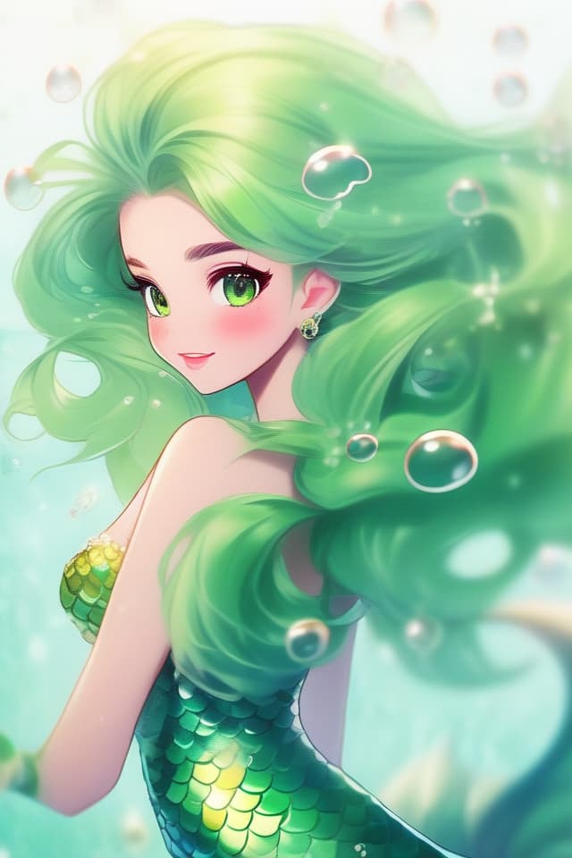  (green hair color mermaid) illustration very beautiful mermaid,(green hair color),seven colored scales,seven colored fins,bubbles,high quality,high image quality,8K,16k