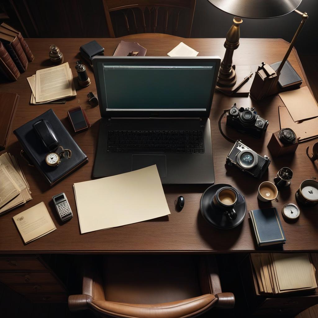  A detective's desk is seen from above with an empty space in the center, where the detective is not present. Стол детектива видно сверху, с пустым местом по центру, без детектива на нём. (Stoł detektywa widziano z góry, z pustym miejscem po centrum, bez detektywa na nim.) hyperrealistic, full body, detailed clothing, highly detailed, cinematic lighting, stunningly beautiful, intricate, sharp focus, f/1. 8, 85mm, (centered image composition), (professionally color graded), ((bright soft diffused light)), volumetric fog, trending on instagram, trending on tumblr, HDR 4K, 8K