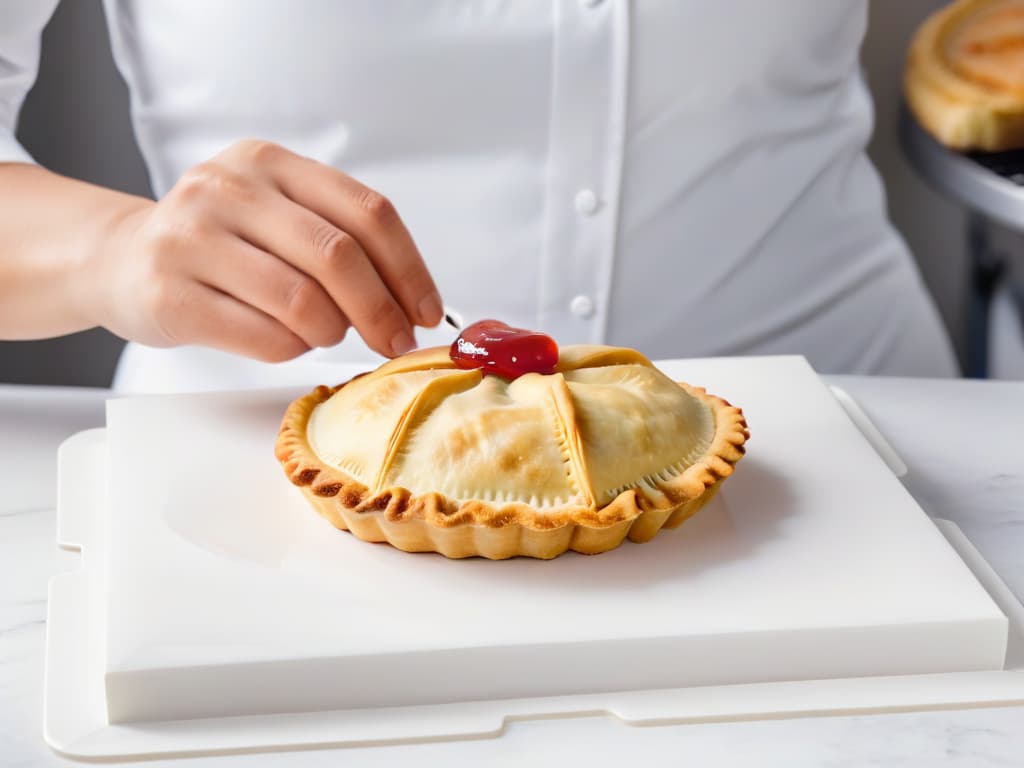  An image of delicate hands expertly crimping the edges of a sweet empanada, showcasing intricate patterns and precise folds in the dough. The background is a clean, white marble surface, emphasizing the attention to detail and artistry involved in the decoration process. hyperrealistic, full body, detailed clothing, highly detailed, cinematic lighting, stunningly beautiful, intricate, sharp focus, f/1. 8, 85mm, (centered image composition), (professionally color graded), ((bright soft diffused light)), volumetric fog, trending on instagram, trending on tumblr, HDR 4K, 8K