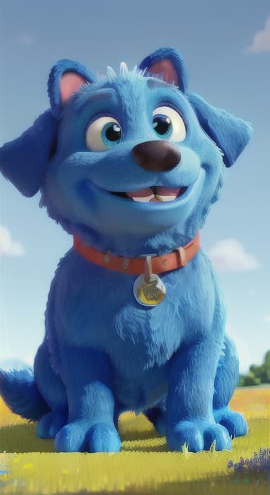  {A happy, big blue dog wagging its tail in a colorful meadow, The big blue dog is large with sky blue fur, big round eyes, a black nose, and floppy ears.