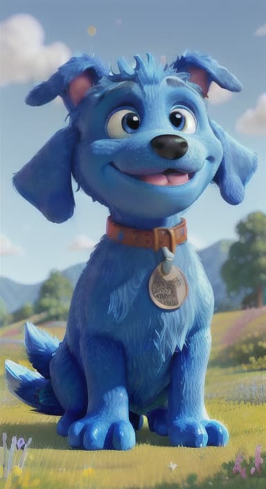  {A happy, big blue dog wagging its tail in a colorful meadow, The big blue dog is large with sky blue fur, big round eyes, a black nose, and floppy ears.