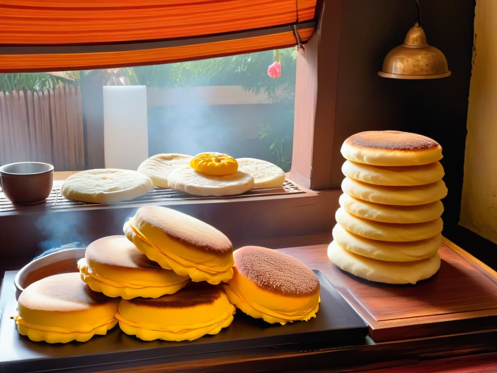  A highresolution, photorealistic image of a traditional Venezuelan kitchen filled with the warm glow of sunlight streaming through a window, highlighting a rustic wooden table covered with freshly made arepas dulces venezolanas. The arepas are beautifully goldenbrown, sprinkled with a dusting of powdered sugar, and are accompanied by a small bowl of creamy cheese and a traditional clay cup of aromatic coffee. The scene exudes a sense of warmth, tradition, and culinary expertise, inviting the viewer to experience the rich flavors and history of these sweet Venezuelan treats. hyperrealistic, full body, detailed clothing, highly detailed, cinematic lighting, stunningly beautiful, intricate, sharp focus, f/1. 8, 85mm, (centered image composition), (professionally color graded), ((bright soft diffused light)), volumetric fog, trending on instagram, trending on tumblr, HDR 4K, 8K