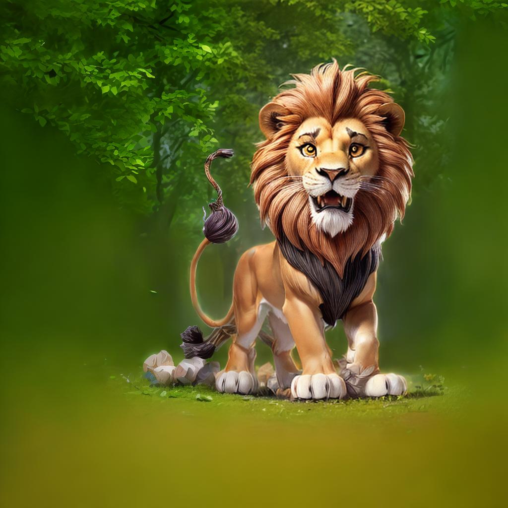  lion in a fantasy rich forrest, best quality, ultrahigh resolution, highly detailed, (sharp focus), masterpiece, (centered image composition), (professionally color graded), ((bright soft diffused light)), trending on instagram, trending on tumblr, HDR 4K