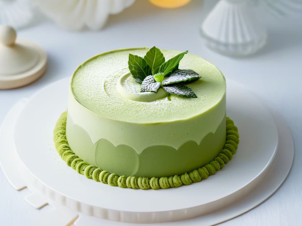  An ultradetailed, 8k resolution image of a delicate, minimalistic matcha green tea dessert beautifully presented on a simple, elegant white plate. The dessert features intricate layers of matchainfused sponge cake, light and fluffy matcha cream, and a dusting of vibrant green matcha powder on top. The soft natural lighting highlights the subtle shades of green in the dessert, creating a visually stunning and appetizing image that perfectly complements the sophisticated tone of the article. hyperrealistic, full body, detailed clothing, highly detailed, cinematic lighting, stunningly beautiful, intricate, sharp focus, f/1. 8, 85mm, (centered image composition), (professionally color graded), ((bright soft diffused light)), volumetric fog, trending on instagram, trending on tumblr, HDR 4K, 8K