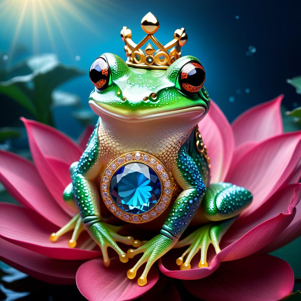  ethereal fantasy concept art of (Background): a lake with blooming lotuses of different shades: from white pink to bright crimson and leaves of tender green colour. The sky above the lake of dark blue colour with golden stars scattered on it. (Fantasy Princess Frog): in the centre of the lake on the biggest lotus flower sits a charming frog in a golden crown decorated with blue and blue precious stones. In his paws he holds a ring decorated with blue stones. Style: fantasy, Russian fairy tales, illustrations. . magnificent, celestial, ethereal, painterly, epic, majestic, magical, fantasy art, cover art, dreamy hyperrealistic, full body, detailed clothing, highly detailed, cinematic lighting, stunningly beautiful, intricate, sharp focus, f/1. 8, 85mm, (centered image composition), (professionally color graded), ((bright soft diffused light)), volumetric fog, trending on instagram, trending on tumblr, HDR 4K, 8K