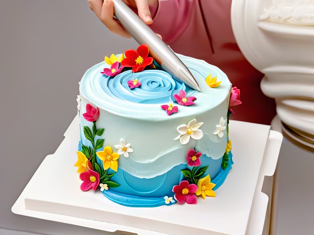  An ultradetailed image of a hand holding a piping bag filled with vibrant and colorful icing, gracefully decorating a cake with intricate swirls and flowers. The piping bag is expertly held, showcasing the precision and skill required in cake decorating. The background is a clean, white surface, emphasizing the artistry and beauty of the intricate designs being created with the glaze. hyperrealistic, full body, detailed clothing, highly detailed, cinematic lighting, stunningly beautiful, intricate, sharp focus, f/1. 8, 85mm, (centered image composition), (professionally color graded), ((bright soft diffused light)), volumetric fog, trending on instagram, trending on tumblr, HDR 4K, 8K