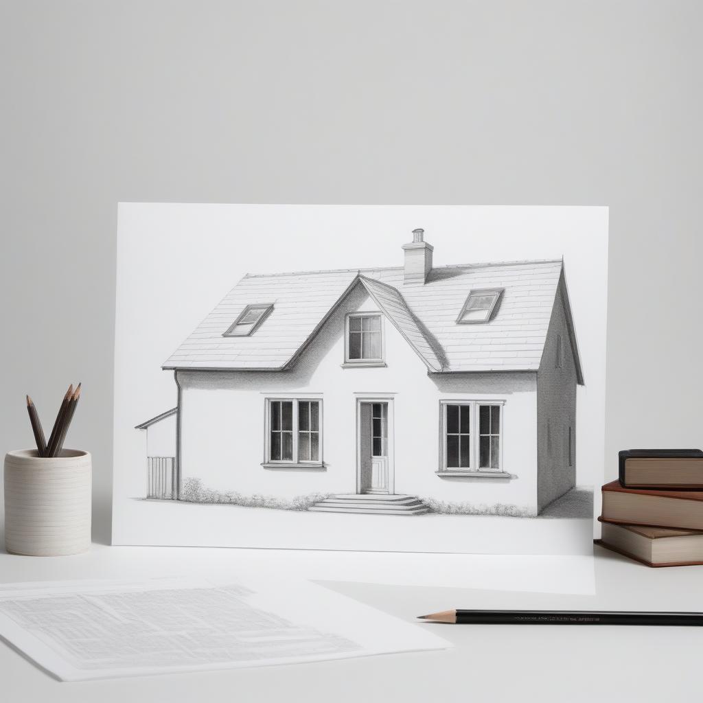  Draw a light sketch sketch with a pencil of a building with windows, which are to the full height of the house.Small roof.On a white background