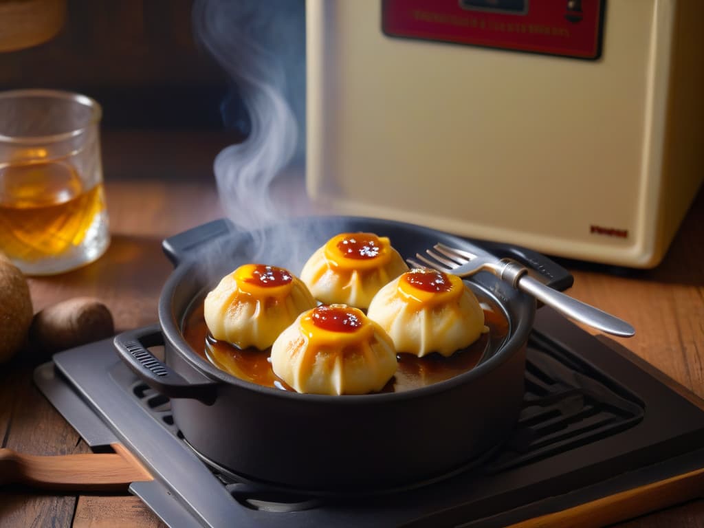  A closeup, photorealistic image of a steaming hot golden syrup dumpling being delicately pierced by a fork, showcasing the gooey syrup oozing out, with a backdrop of a rustic kitchen setting featuring vintage cookware and a warm, inviting ambiance. hyperrealistic, full body, detailed clothing, highly detailed, cinematic lighting, stunningly beautiful, intricate, sharp focus, f/1. 8, 85mm, (centered image composition), (professionally color graded), ((bright soft diffused light)), volumetric fog, trending on instagram, trending on tumblr, HDR 4K, 8K