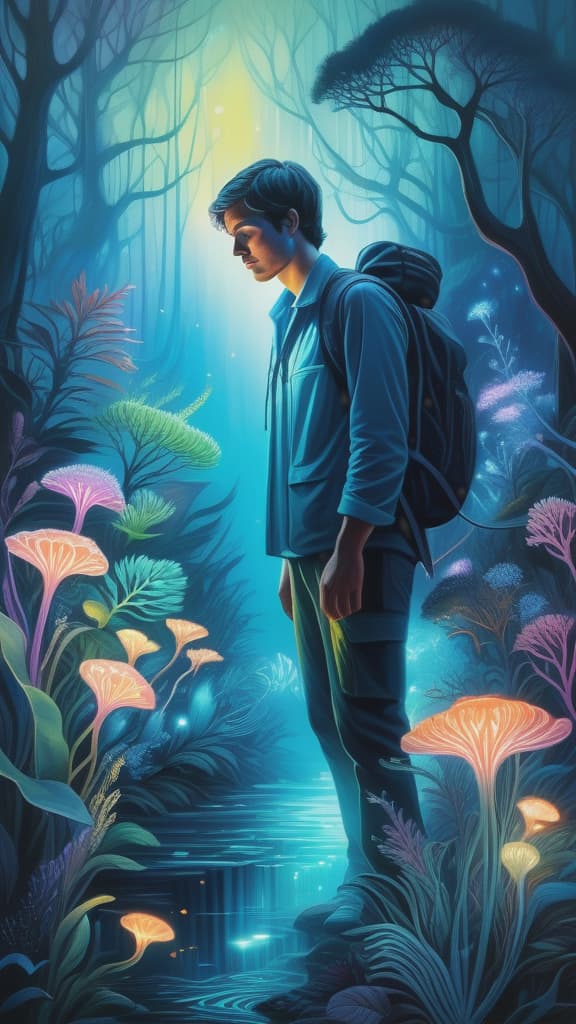  Ultra detailed illustration of a person lost in a magical world of wonders, glowy, bioluminescent flora, incredibly detailed, pastel colors, handpainted strokes, visible strokes, oil paint, art by Mschiffer, night, bioluminescence, ultrarealistic, hyperrealistice, hyperdetailed