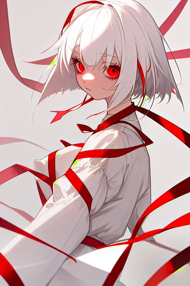  White hair, red ribbon, red eyes, whole body, quiet, bob, white, hair ribbon, adult, cute