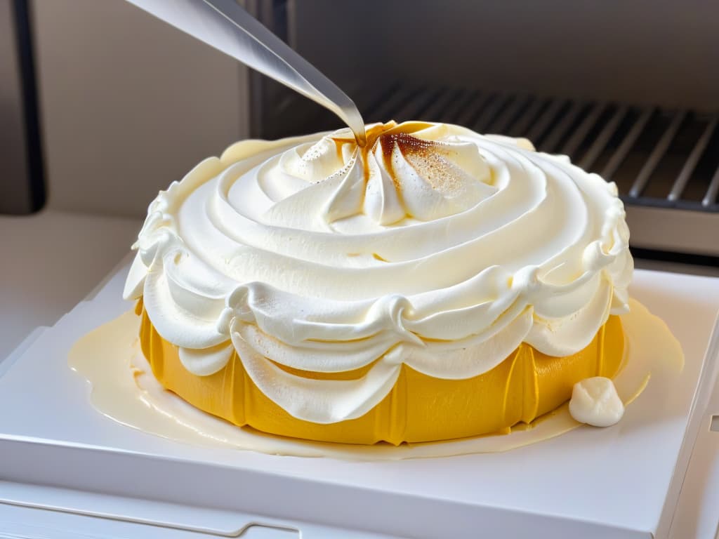  A closeup, ultradetailed image of a perfectly goldenbrown meringue base being delicately removed from the oven. The meringue is glossy, with just the right amount of cracks on the surface, sitting on a pristine white baking paper. The lighting is soft and natural, highlighting the texture and color variations of the meringue, creating a visually striking and appetizing composition. hyperrealistic, full body, detailed clothing, highly detailed, cinematic lighting, stunningly beautiful, intricate, sharp focus, f/1. 8, 85mm, (centered image composition), (professionally color graded), ((bright soft diffused light)), volumetric fog, trending on instagram, trending on tumblr, HDR 4K, 8K