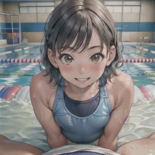  master piece , best quality,A female swimming coach strips in the changing room and has sweaty, intense with a young boy. hair, sunburn, smile, bed shota