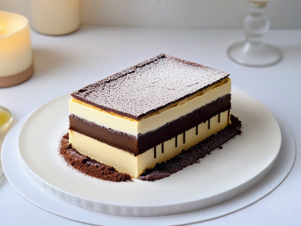  A minimalistic image of a decadent slice of tiramisú, perfectly layered with coffeesoaked ladyfingers, creamy mascarpone cheese, and a dusting of rich cocoa powder on top. The dessert sits on a sleek, white plate, set against a simple, elegant backdrop to highlight its luxurious texture and delicious layers. hyperrealistic, full body, detailed clothing, highly detailed, cinematic lighting, stunningly beautiful, intricate, sharp focus, f/1. 8, 85mm, (centered image composition), (professionally color graded), ((bright soft diffused light)), volumetric fog, trending on instagram, trending on tumblr, HDR 4K, 8K