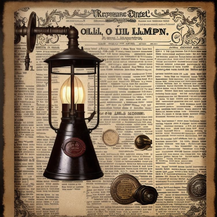  Create a vintage oil lamp advertisement of 1850 so old newspaper and the overall feel is renaissance vintage.