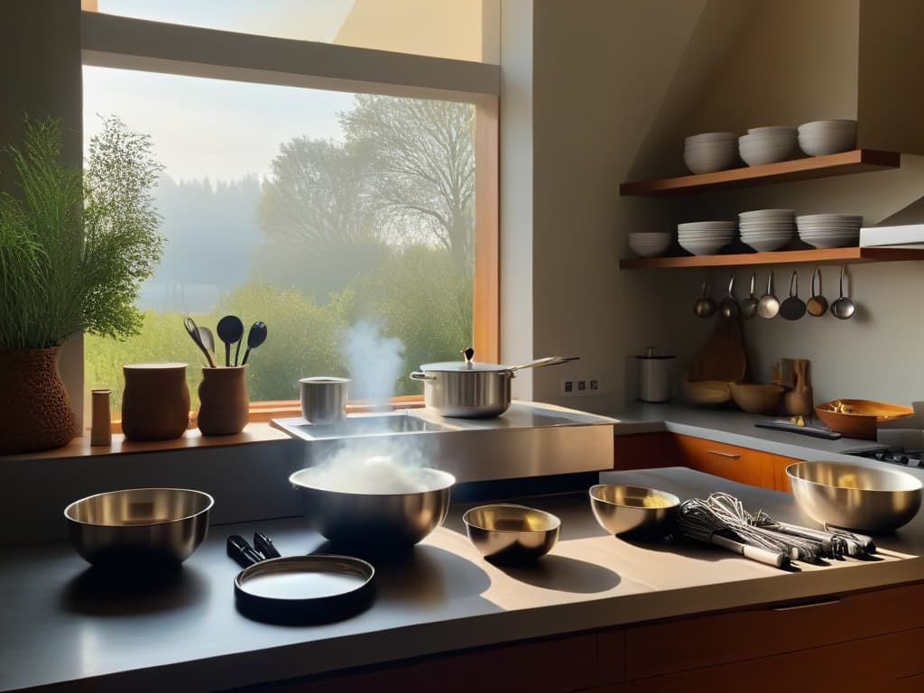  An ultradetailed 8k image of a sleek, modern kitchen with a marble countertop adorned with neatly arranged baking utensils such as measuring cups, whisks, and mixing bowls. The sunlight streaming through a nearby window casts a soft, warm glow over the scene, creating a serene and inviting atmosphere for novice bakers to hone their skills. hyperrealistic, full body, detailed clothing, highly detailed, cinematic lighting, stunningly beautiful, intricate, sharp focus, f/1. 8, 85mm, (centered image composition), (professionally color graded), ((bright soft diffused light)), volumetric fog, trending on instagram, trending on tumblr, HDR 4K, 8K