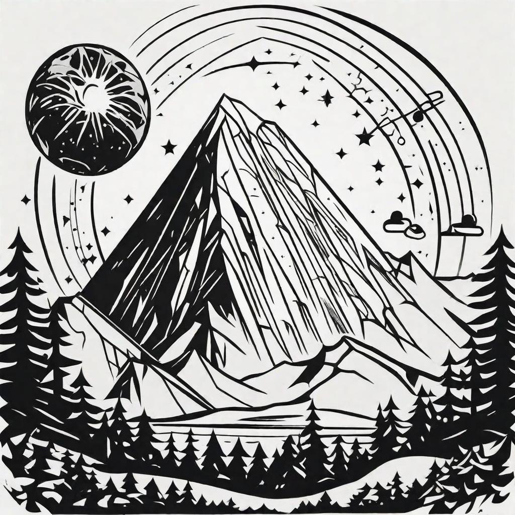  masterpiece, best quality, Minimalistic black and white tattoo design of a comet pulled from orbit as it passes the sun and a stream that meets a boulder halfway through the woods