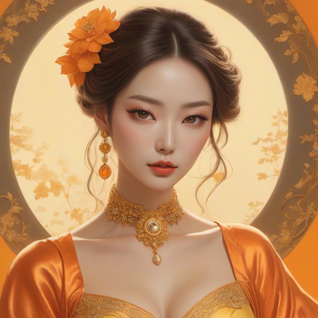  surrealist art A cartoon in an orange costume with gold jewelry, in the style of miho hirano, light yellow and dark brown, close up, traditional costumes, like simplicity, comic art, tondo . dreamlike, mysterious, , symbolic, intricate, detailed hyperrealistic, full body, detailed clothing, highly detailed, cinematic lighting, stunningly beautiful, intricate, sharp focus, f/1. 8, 85mm, (centered image composition), (professionally color graded), ((bright soft diffused light)), volumetric fog, trending on instagram, trending on tumblr, HDR 4K, 8K