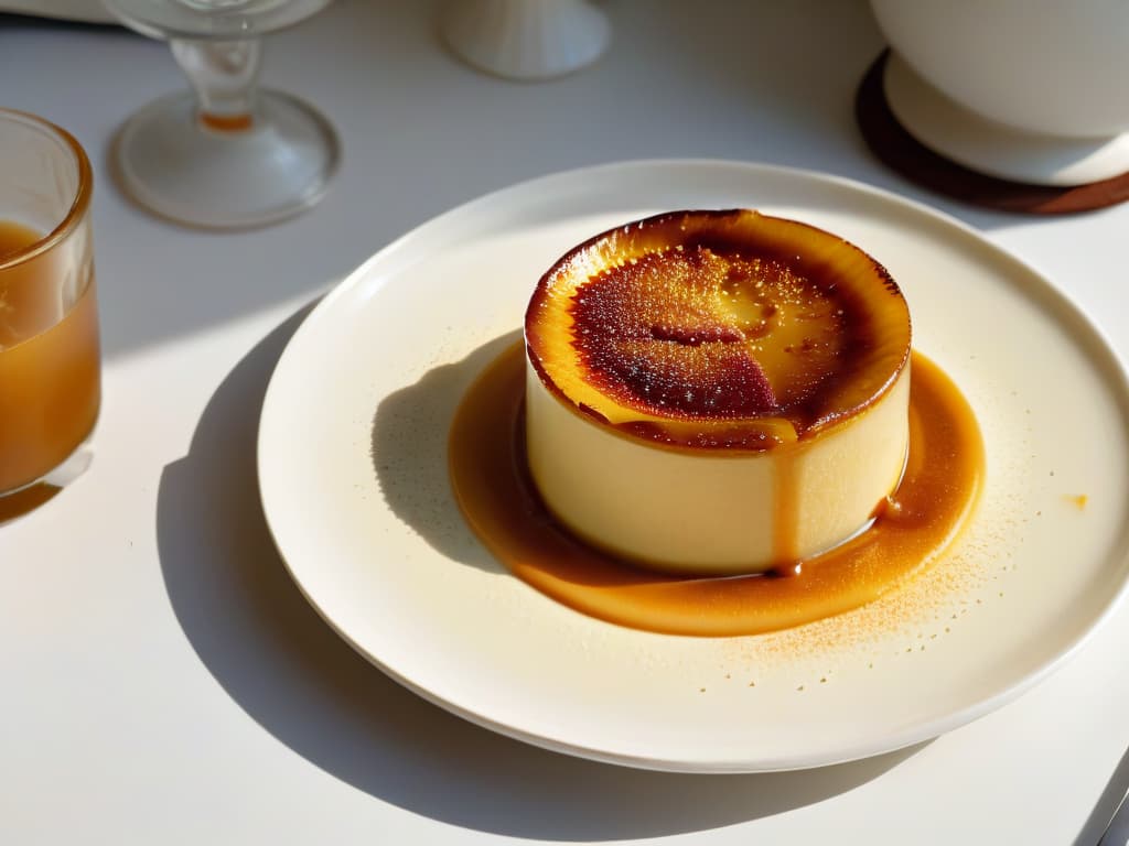  A closeup, ultradetailed image of a perfectly goldenbrown crème brûlée with a delicate caramelized sugar crust, resting on a pristine white porcelain plate. The velvety custard texture inside is visible through the thin layer of crackling caramel, with a hint of vanilla beans speckled throughout. The soft glow of ambient light highlights the dessert's glossy surface, inviting the viewer to savor its rich and indulgent essence. hyperrealistic, full body, detailed clothing, highly detailed, cinematic lighting, stunningly beautiful, intricate, sharp focus, f/1. 8, 85mm, (centered image composition), (professionally color graded), ((bright soft diffused light)), volumetric fog, trending on instagram, trending on tumblr, HDR 4K, 8K