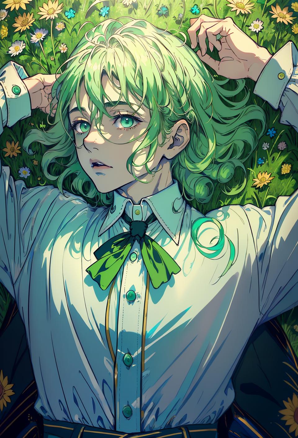  ((trending, highres, masterpiece, cinematic shot)), 1boy, mature, male clown outfit, flower field scene, long curly light green hair, parted bangs,  aqua eyes, high class, elegant personality, relaxed expression, very pale skin, morbid, lucky
