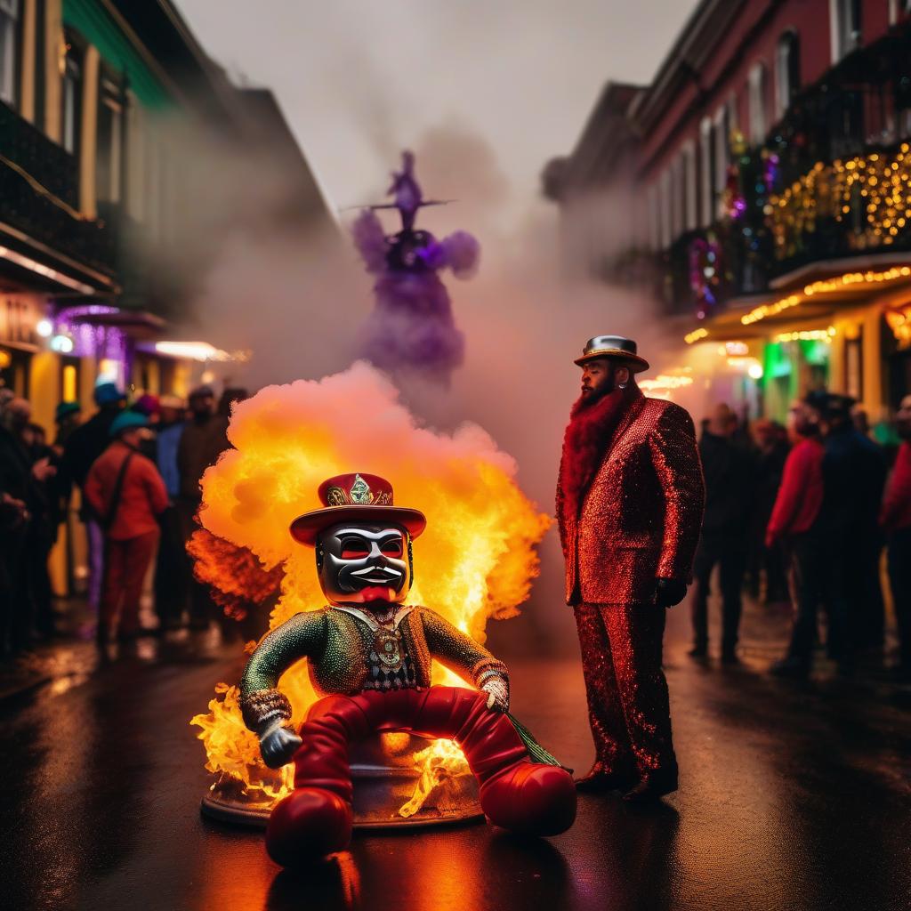  burning the toy on Mardi Gras hyperrealistic, full body, detailed clothing, highly detailed, cinematic lighting, stunningly beautiful, intricate, sharp focus, f/1. 8, 85mm, (centered image composition), (professionally color graded), ((bright soft diffused light)), volumetric fog, trending on instagram, trending on tumblr, HDR 4K, 8K