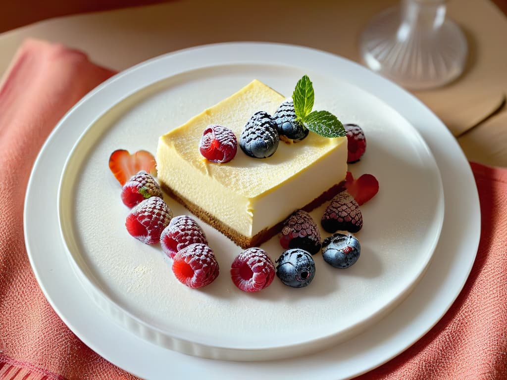  A closeup, ultradetailed image of a perfectly preserved keto cheesecake slice on a sleek, modern white plate. The cheesecake is topped with fresh raspberries and a delicate mint leaf for garnish. The focus is on the rich, creamy texture of the cheesecake and the vibrant colors of the berries, all set against a clean, minimalist background that enhances the elegance and sophistication of the dessert. hyperrealistic, full body, detailed clothing, highly detailed, cinematic lighting, stunningly beautiful, intricate, sharp focus, f/1. 8, 85mm, (centered image composition), (professionally color graded), ((bright soft diffused light)), volumetric fog, trending on instagram, trending on tumblr, HDR 4K, 8K