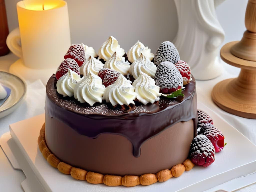  An ultradetailed, photorealistic image of a Sacher Torte placed on a delicate porcelain plate, adorned with a dollop of freshly whipped cream and a scattering of vibrant raspberries. The cake is elegantly sliced to reveal its rich chocolate layers, with the glossy chocolate glaze shimmering under a soft, ambient light that highlights the intricate details of the dessert. The background showcases a quaint Viennese cafe setting, complete with vintage silverware and a steaming cup of coffee, adding to the traditional and inviting allure of this iconic Austrian treat. hyperrealistic, full body, detailed clothing, highly detailed, cinematic lighting, stunningly beautiful, intricate, sharp focus, f/1. 8, 85mm, (centered image composition), (professionally color graded), ((bright soft diffused light)), volumetric fog, trending on instagram, trending on tumblr, HDR 4K, 8K