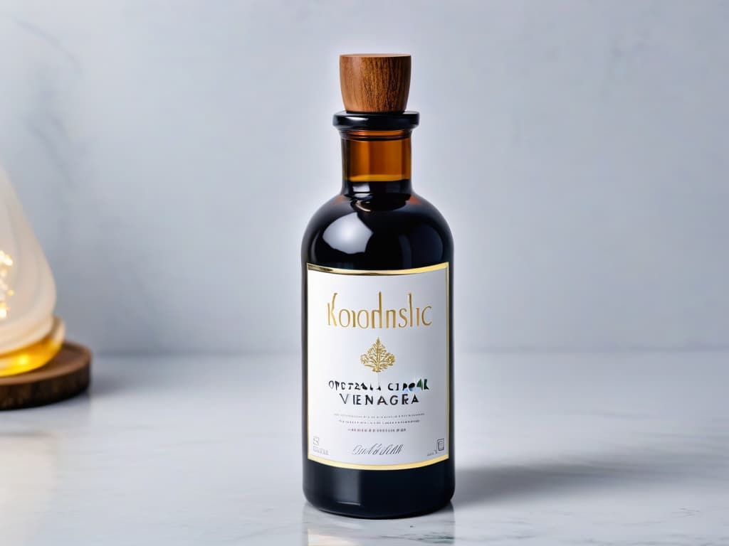  A closeup, ultrahighresolution image of a small crystalclear glass bottle filled with rich, dark balsamic vinegar, resting delicately on a pristine white marble countertop. The light catches the golden hues in the vinegar, showcasing its luxurious texture and depth. The label on the bottle is elegantly designed with intricate gold lettering, adding a touch of sophistication to the scene. The background is softly blurred, emphasizing the simplicity and elegance of the minimalistic composition. hyperrealistic, full body, detailed clothing, highly detailed, cinematic lighting, stunningly beautiful, intricate, sharp focus, f/1. 8, 85mm, (centered image composition), (professionally color graded), ((bright soft diffused light)), volumetric fog, trending on instagram, trending on tumblr, HDR 4K, 8K