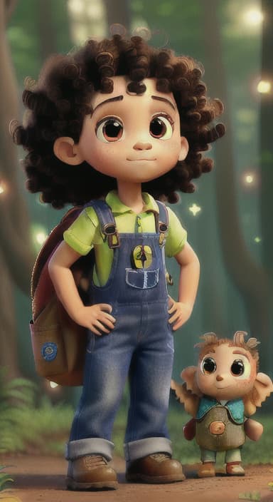  {The tree with a twinkling eye, while its leaves gently rustle., Riley, a curious with big brown eyes and curly hair, wearing overalls and carrying a small backpack. Their friend, Skye, a bluebird with shiny feathers.