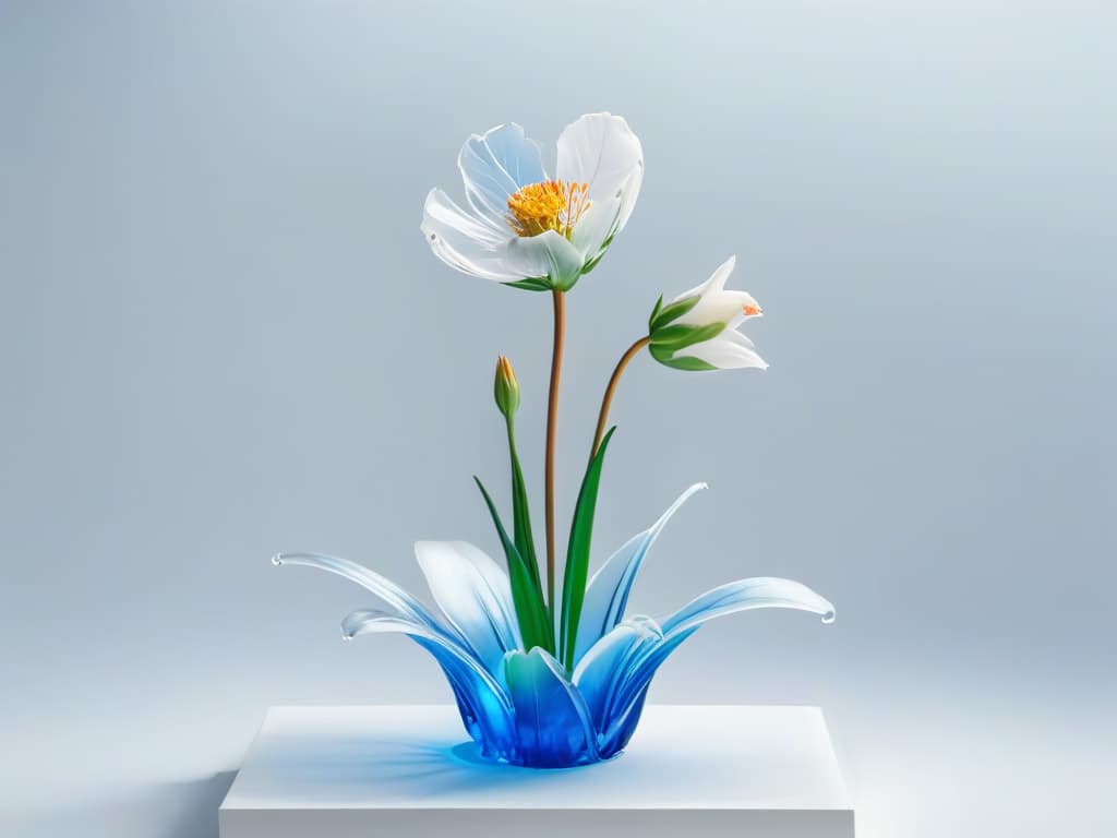  A clear isomalt sculpture of a delicate blooming flower, showcasing intricate details and transparency, set against a simple, elegant white backdrop. hyperrealistic, full body, detailed clothing, highly detailed, cinematic lighting, stunningly beautiful, intricate, sharp focus, f/1. 8, 85mm, (centered image composition), (professionally color graded), ((bright soft diffused light)), volumetric fog, trending on instagram, trending on tumblr, HDR 4K, 8K