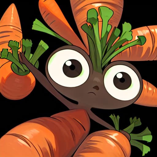  Cartoon carrot with big eyes stands dark background