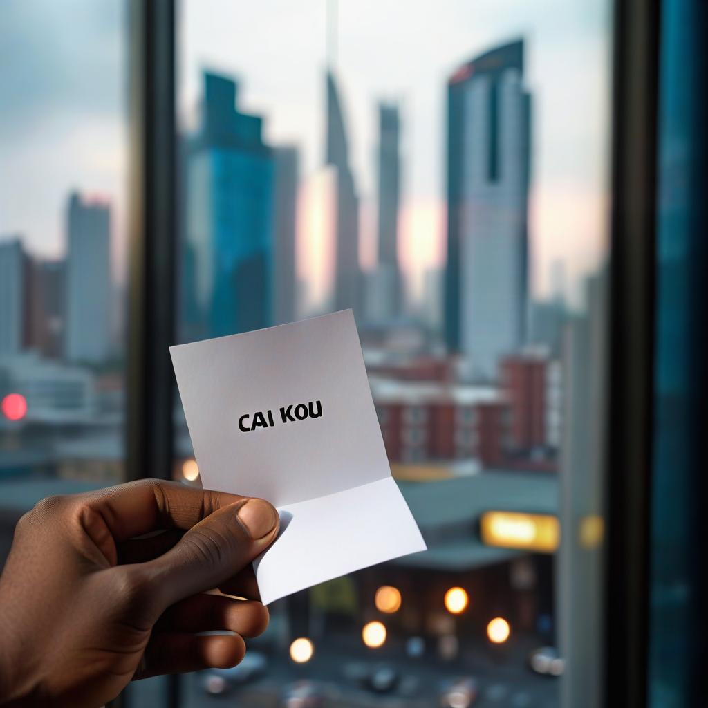  A young male hand is holding a small sheet of paper with the English words 'cai kou' written on it against the background of a modern Chinese city seen through a hotel window. hyperrealistic, full body, detailed clothing, highly detailed, cinematic lighting, stunningly beautiful, intricate, sharp focus, f/1. 8, 85mm, (centered image composition), (professionally color graded), ((bright soft diffused light)), volumetric fog, trending on instagram, trending on tumblr, HDR 4K, 8K