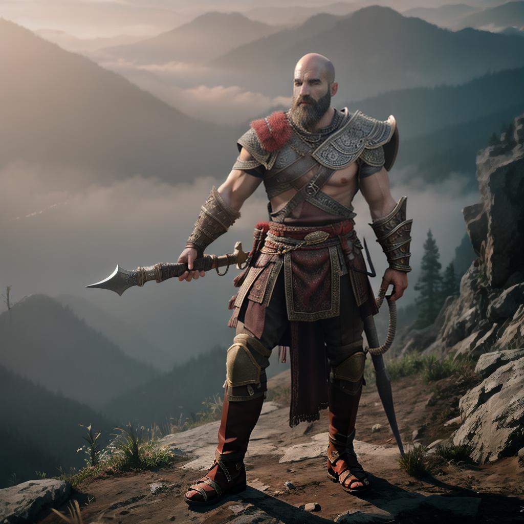  God of war hyperrealistic, full body, detailed clothing, highly detailed, cinematic lighting, stunningly beautiful, intricate, sharp focus, f/1. 8, 85mm, (centered image composition), (professionally color graded), ((bright soft diffused light)), volumetric fog, trending on instagram, trending on tumblr, HDR 4K, 8K