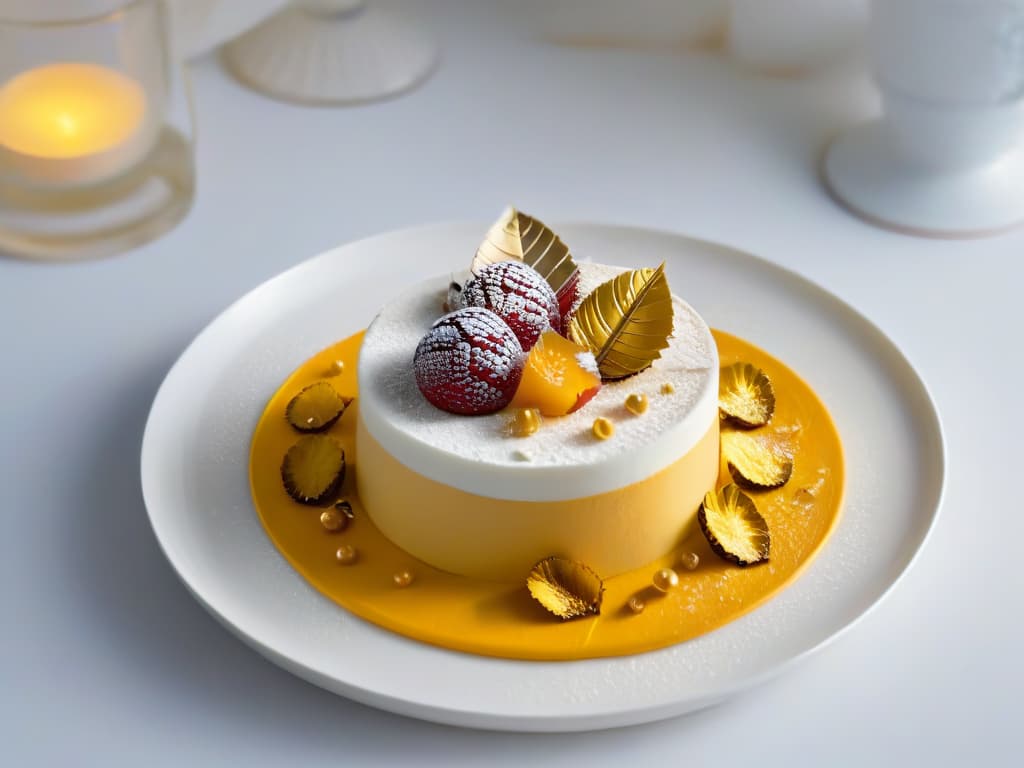  An elegant, minimalistic image of a finely crafted dessert adorned with delicate flakes of edible gold leaf, sitting on a pristine white plate. The gold leaf shimmers under soft lighting, creating a luxurious and sophisticated visual appeal. The dessert is expertly plated, showcasing intricate details and precision in its presentation, embodying the essence of using edible gold to elevate culinary creations. hyperrealistic, full body, detailed clothing, highly detailed, cinematic lighting, stunningly beautiful, intricate, sharp focus, f/1. 8, 85mm, (centered image composition), (professionally color graded), ((bright soft diffused light)), volumetric fog, trending on instagram, trending on tumblr, HDR 4K, 8K