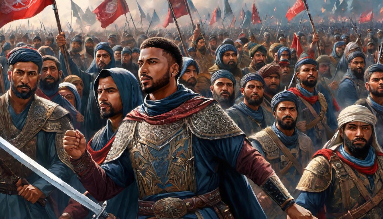  digital painting of A charismatic leader at the forefront, rallying a diverse Muslim army, banner of faith unfurled, coalition of darkness looms opposite, moment before the clash, unity in diversity, empowered looking at viewer, dynamic pose, (intricate details, masterpiece, best quality)