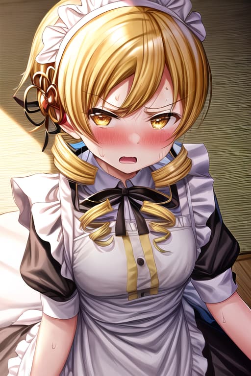  tomoe mami,fucking,in puella magi madoka magica style ,short long hair,bangs are side parted hair,yellow hair,drill hair,tie her hair low at the back of her head,no long hair,view from above,focus on upper body,wearing wearing frill maid,maid headband with frills,large,she is fully clothed and holding his between her,paizuri under clothes,in,under clothes,ejacuculation under clothes,yellow eyes,profuse sweat,angry,looking at,1 man and 1 women,faceless male,1 man have 1,man on top,輪姦,レイプ,drips from the joint,in the p.e. equipment room,lie in floor,no extra digit,no bad hands,
