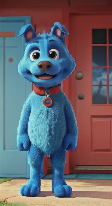  {Max the big blue dog standing in front of a cozy little house with a red door, The big blue dog is large with sky blue fur, big round eyes, a black nose, and floppy ears.