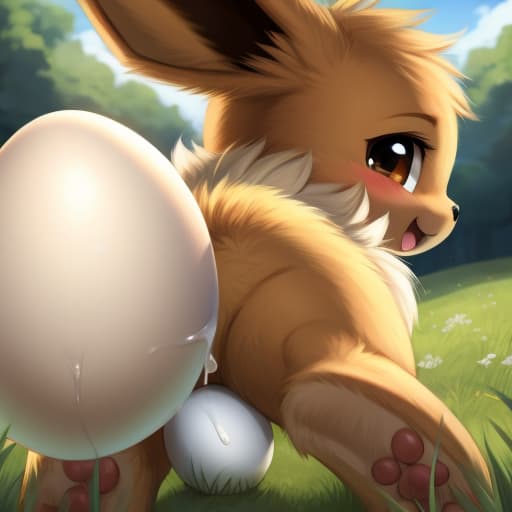  Eevee, feral, egg in ass, anal oviposition, view from behind,, open eyes, digital art, masterpiece, 4k, fine details,