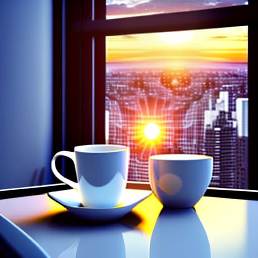 estilovintedois Futuristic style. Deck of cards and cup of tea over white table. Sunset through a window with a city view. White and soft tones.