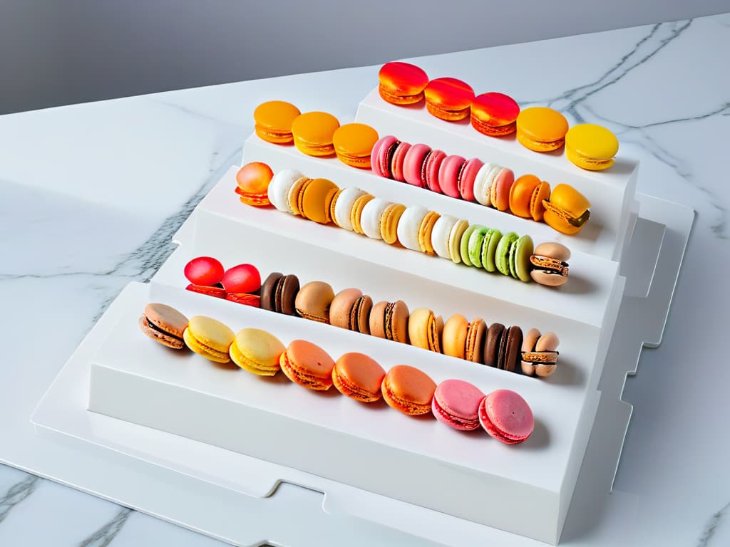  An ultradetailed 8k image of a traditional French patisserie with a modern twist, showcasing a sleek and minimalistic display of colorful macarons in a geometric pattern on a marble countertop. The vibrant hues of the macarons contrast elegantly against the white and grey tones of the marble, creating a visually striking and sophisticated image that embodies the fusion of traditional pastry art with a contemporary aesthetic. hyperrealistic, full body, detailed clothing, highly detailed, cinematic lighting, stunningly beautiful, intricate, sharp focus, f/1. 8, 85mm, (centered image composition), (professionally color graded), ((bright soft diffused light)), volumetric fog, trending on instagram, trending on tumblr, HDR 4K, 8K